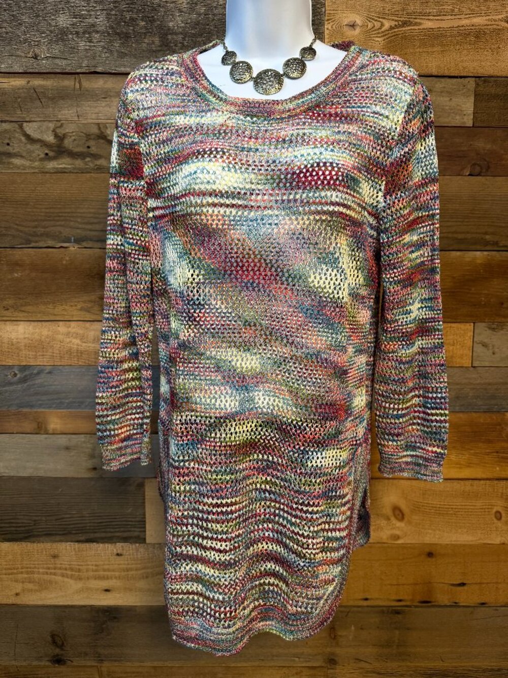 Westport 1962 Crochet top Medium Multicolor Boho Side Slit 3/4 Sleeve